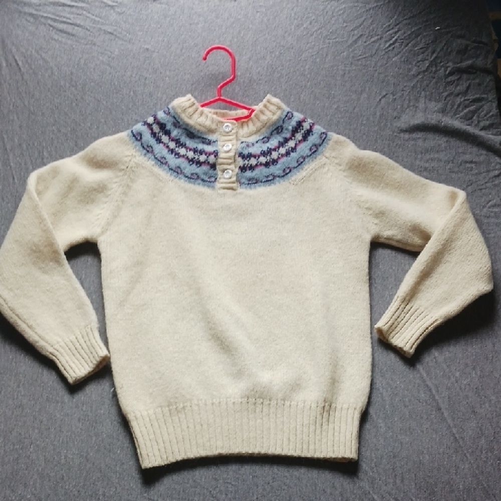 Vintage 80s Ricki's Cream and Blue Crew Neck Sweater with Nordic Design